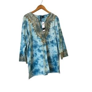 NWT Audrey Mai blue tie-dye embroidered knit jersey stretch cotton L/S tunic top